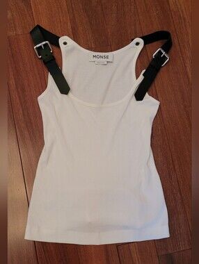 MONSE White Ribbed Tank with Black Buckle Straps Size S